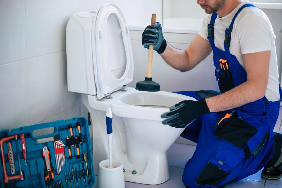 Plumber unclogging toilet with plunger